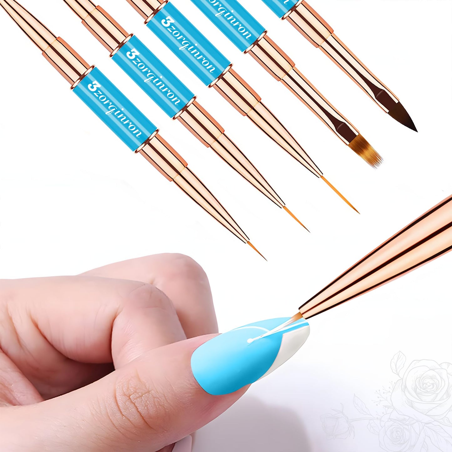 Nail Art Brushes Set, Professional 5Pcs Double-Ended Nail Brush Kit for Details, Long Lines, Ombre & 3D Design-Perfect for DIY Manicures & Salons (Blue)