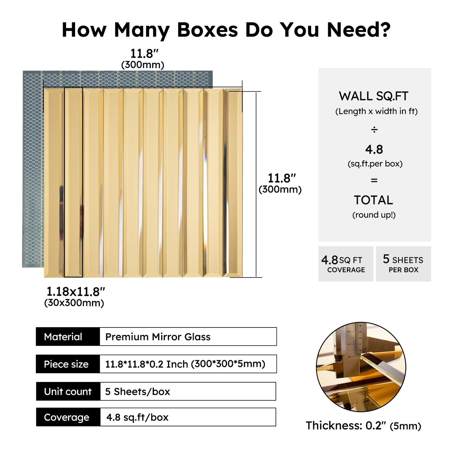 Diflart Beveled Mirror Backsplash Tiles for Kitchen, Gold Strip, 12x12 Inch, Mirror TIile for Bathroom Accent Wall, Pack of 5 Sq.ft