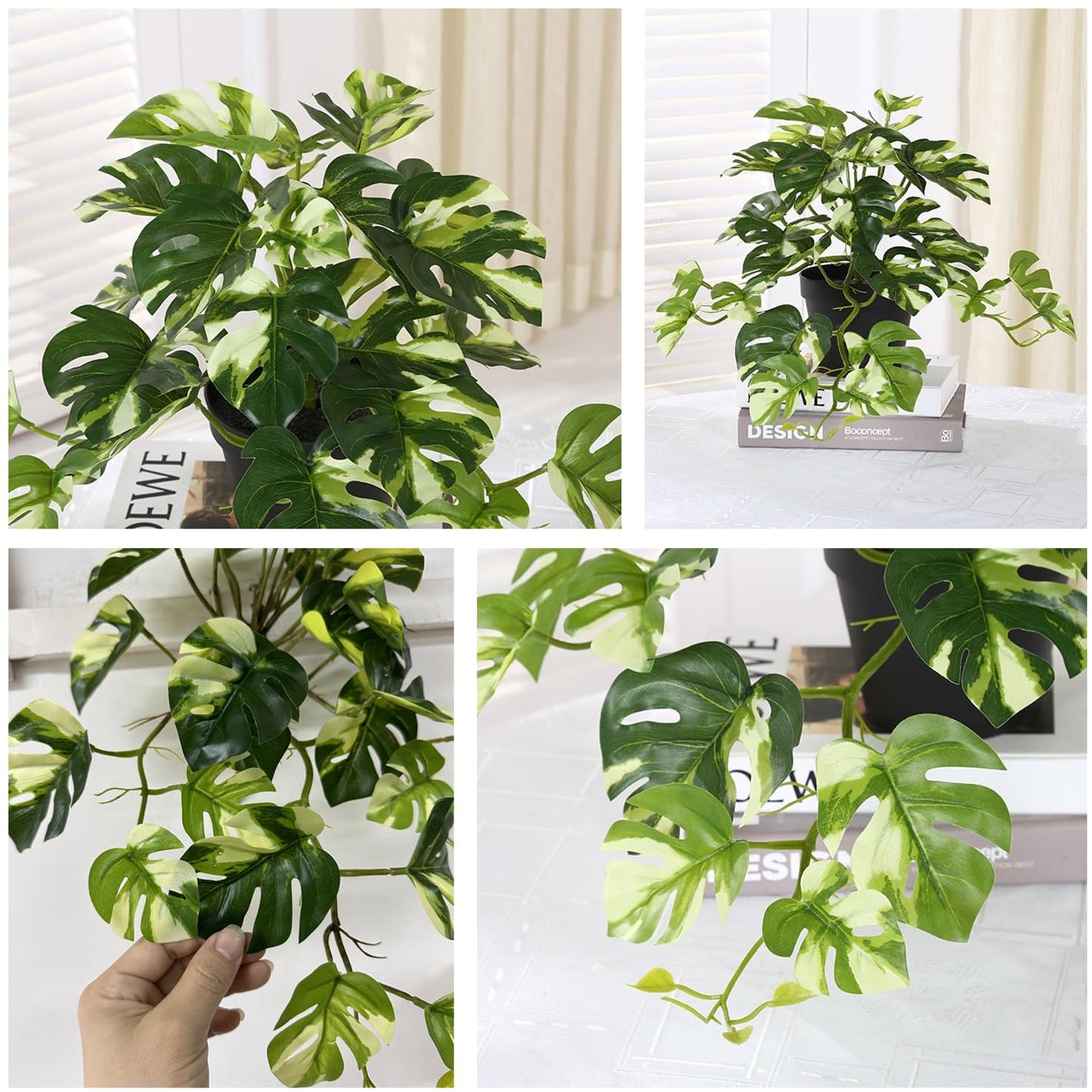 Fake Plants Hanging Small Faux Potted Ivy Vine Artificial Monstera Mini Faux Tropical Plants Greenery for Bathroom Office Table Pot Indoor Outdoor Decor Windowsill Shelf DIY Decoration - White 2 Pack