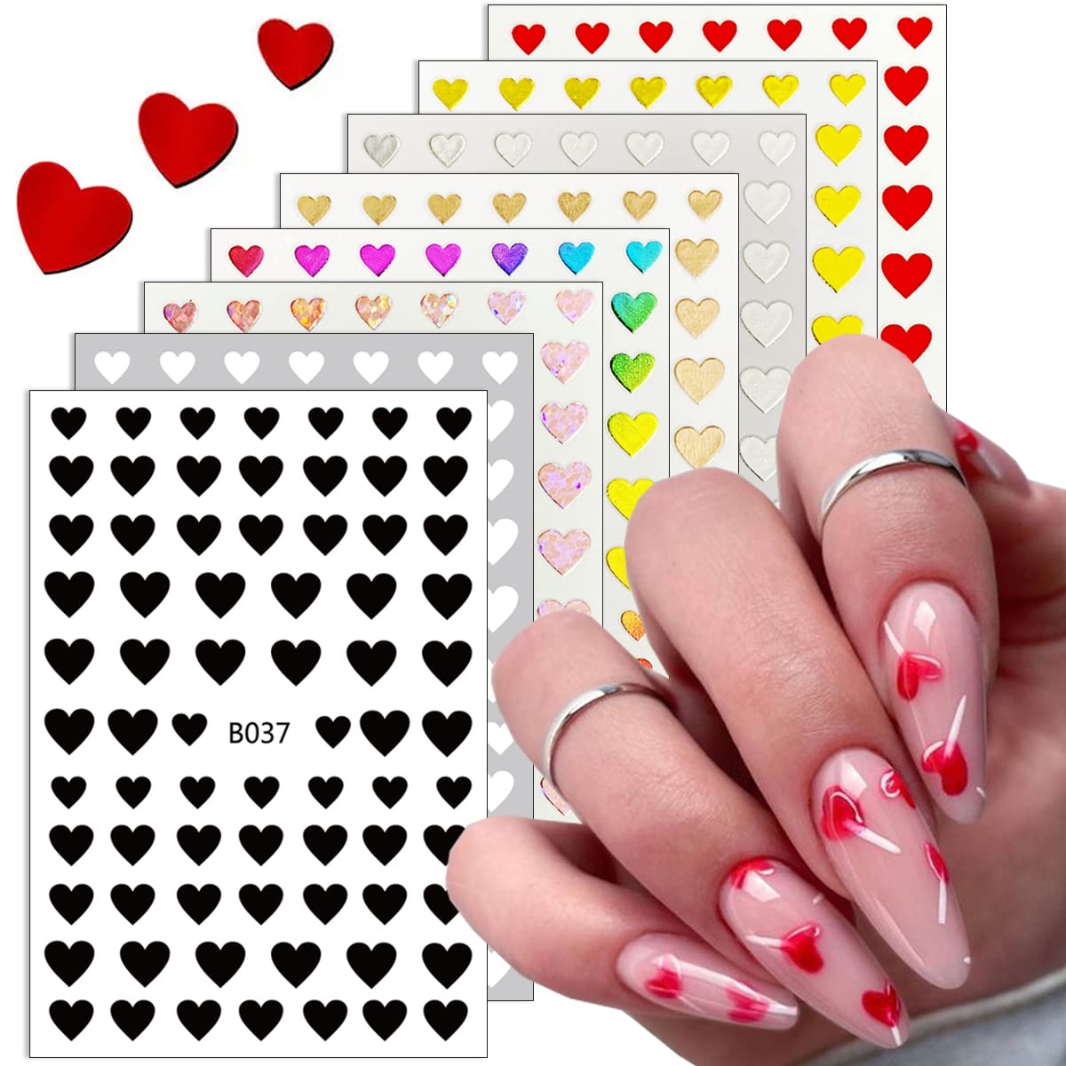 8 Self-Adhesive Nail Art Stickers - Heart & Nail Decorations