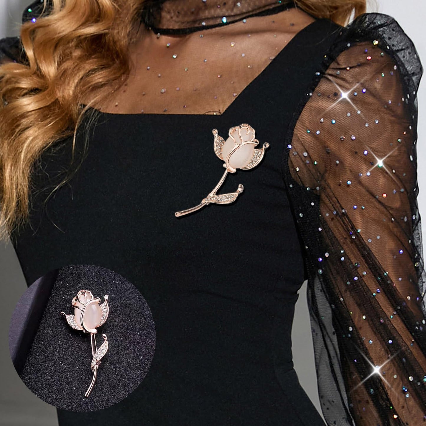 Rose Flower Crystal Brooches Pins Fashion Beautiful Created Rhinestone Pearl Floral Brooch Good Idea for Party Dance Wedding Banquet for Elegant Women Girl (Gold Rose Flower)