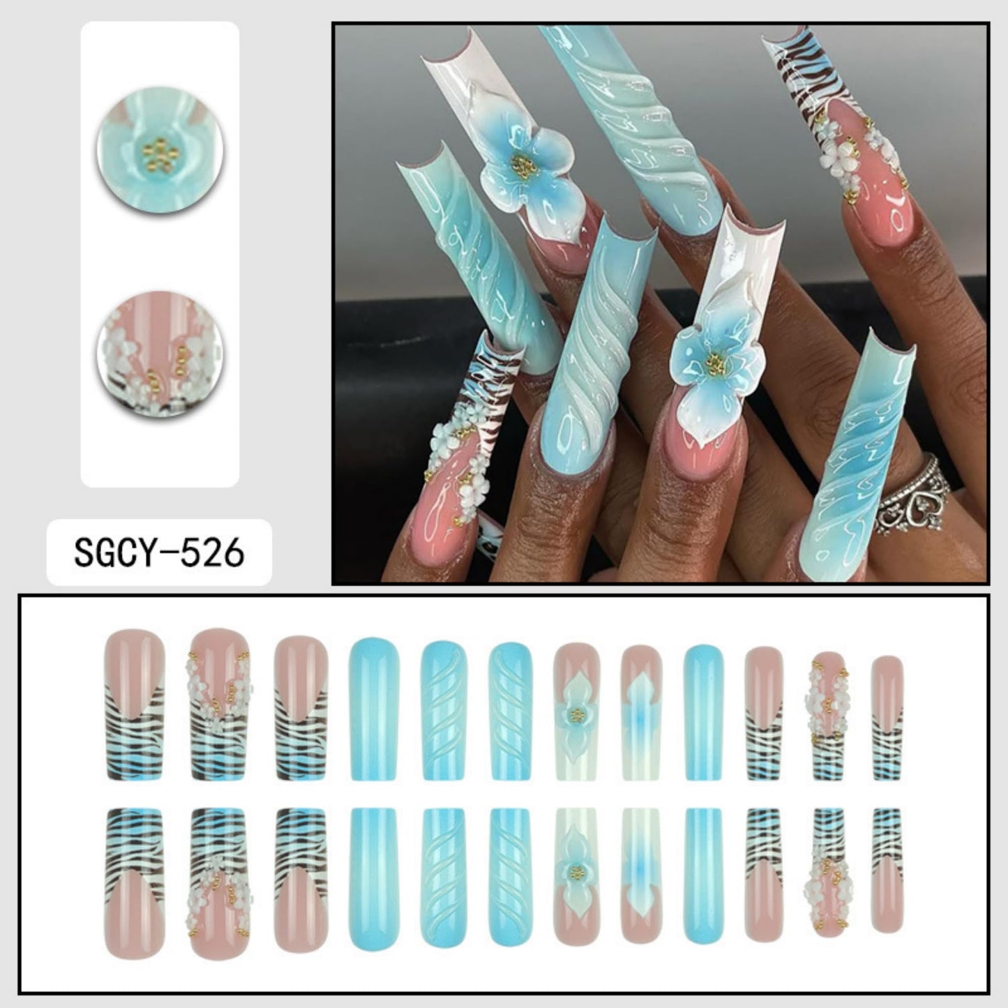 Square Press on Nails Extra Long Artificial Nail Blue Flowers Stick on Nail 24pcs