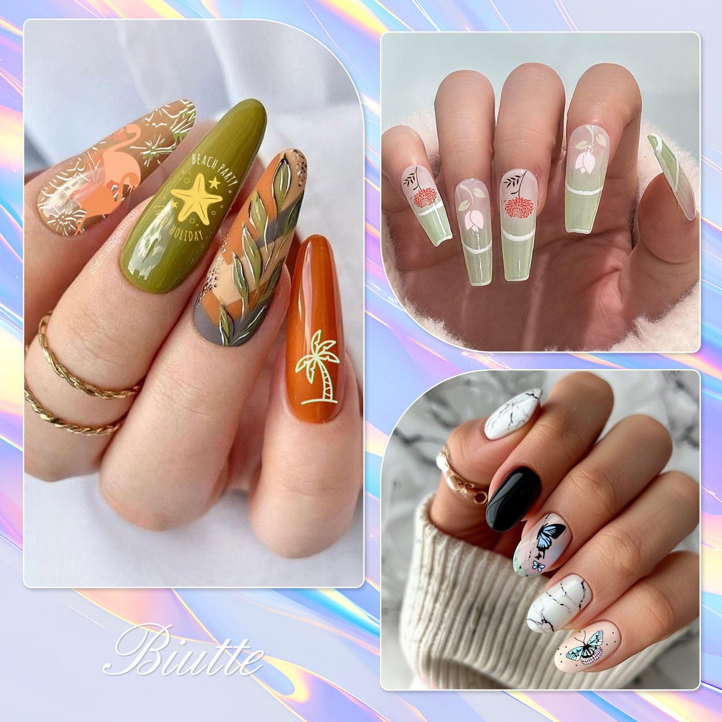 Biutee Nail Stamping Plate 16Pcs Nail Stamper Kit 12Pcs Nail Art Stamp Plates with Silicone Stamper, Scraper & Storage Bag, Stamping Plates Star Plaid Flower Butterfly Template Holiday Design Gift