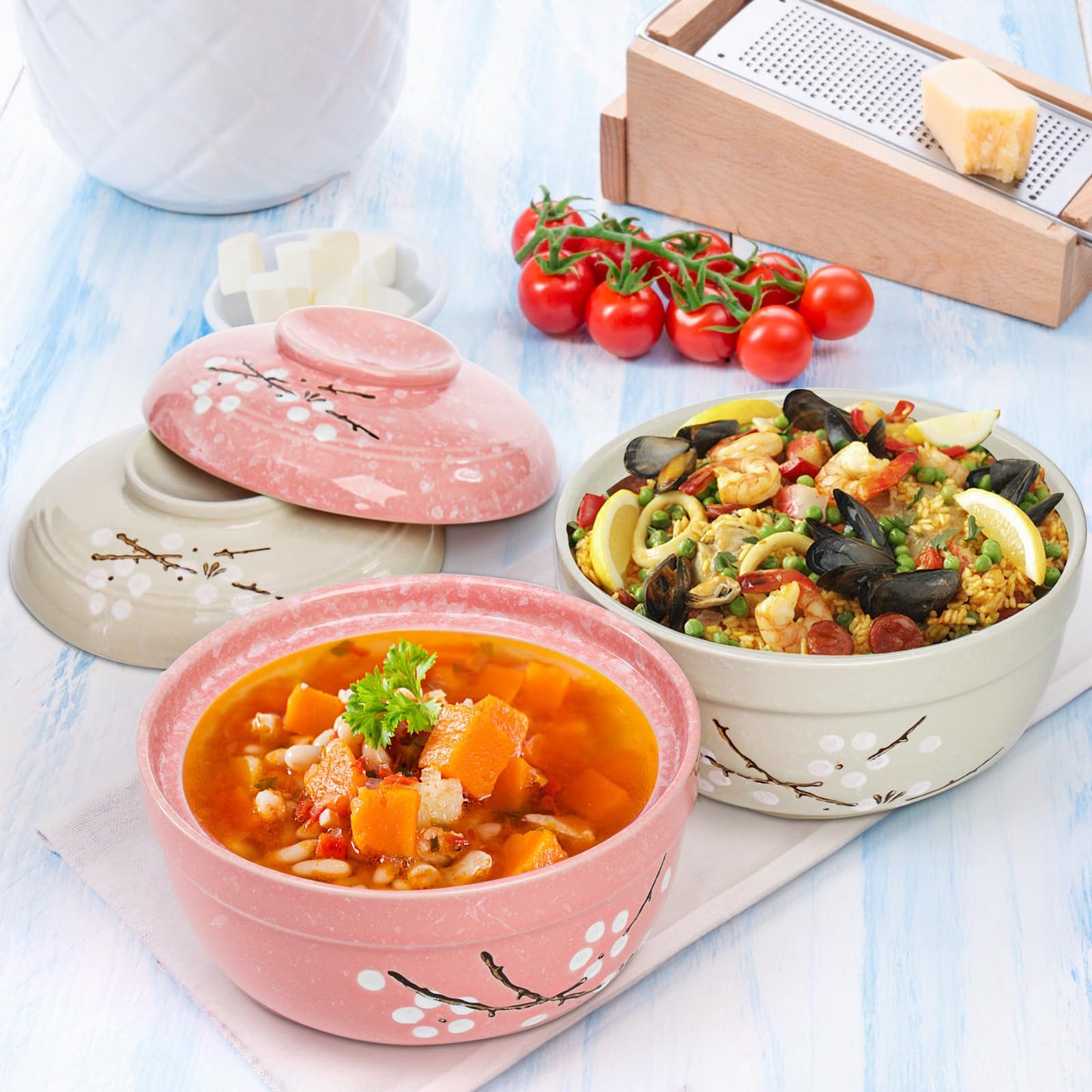 Goaste 2 Pack Ceramic Ramen Noodle Bowl, 27 OZ Big Ramen Bowl with Lid, Japanese Hand-Painted Ceramic Tableware, Durable Floral Soup Bowl for Noodles, Porridge, Rice, Dishwasher Safe(Pink, Cyan Blue)