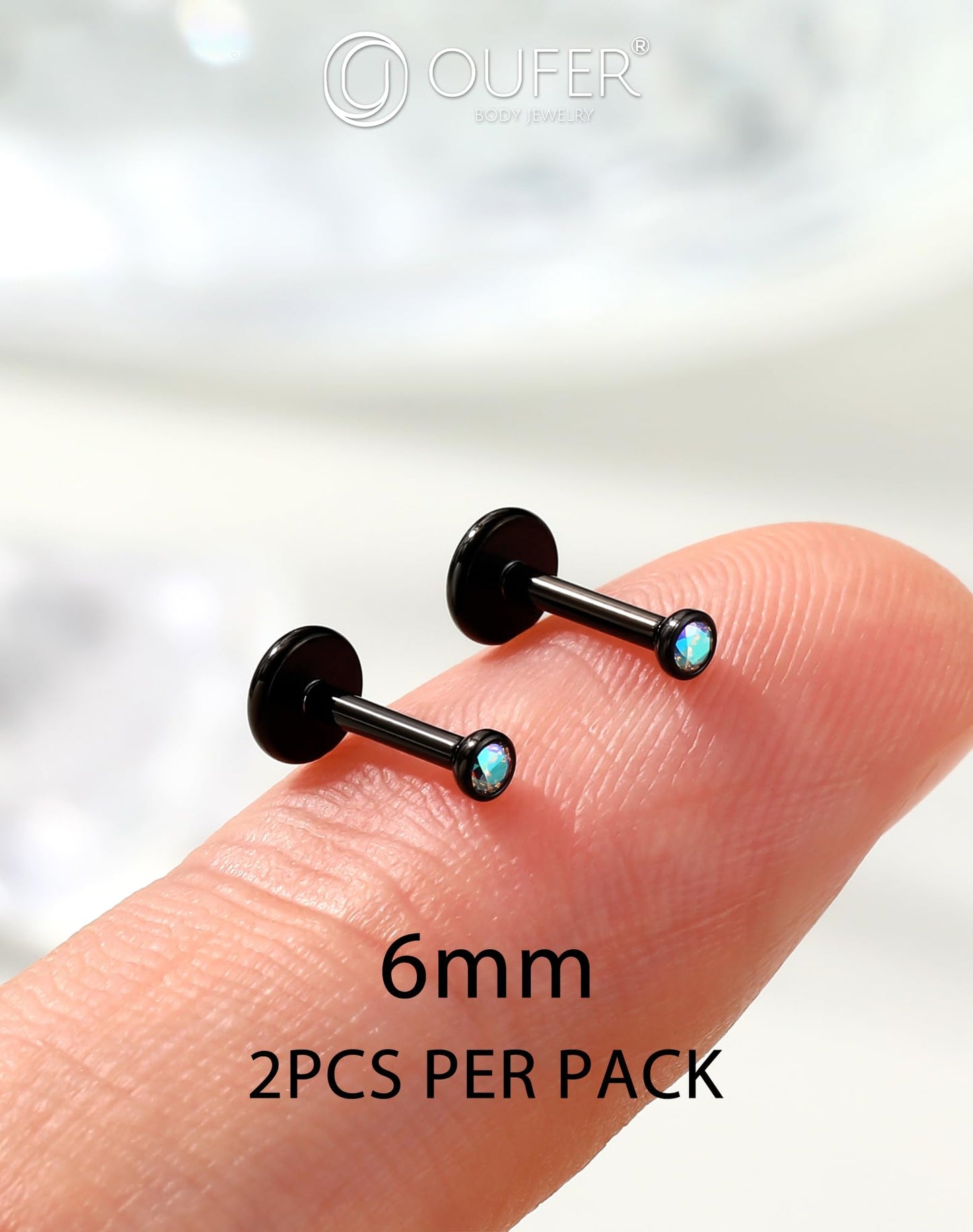 OUFER 2Pcs Black AB Nose Studs, 18G G23 Solid Titanium Threadless Stud Earrings Flat Back Tiny CZ 2MM Nose Helix Cartilage Tragus Conch Piercing Jewelry-6MM