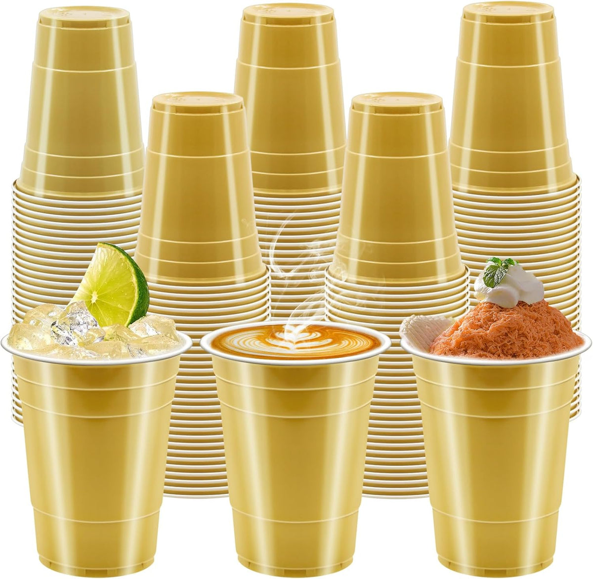 100 Pack 16 oz Gold Plastic Cups for Party, Heavy Duty Gold Disposable Cups Graduation Cups Bulk for Halloween Wedding Birthday Festive Celebrations Wine Beer Beverage