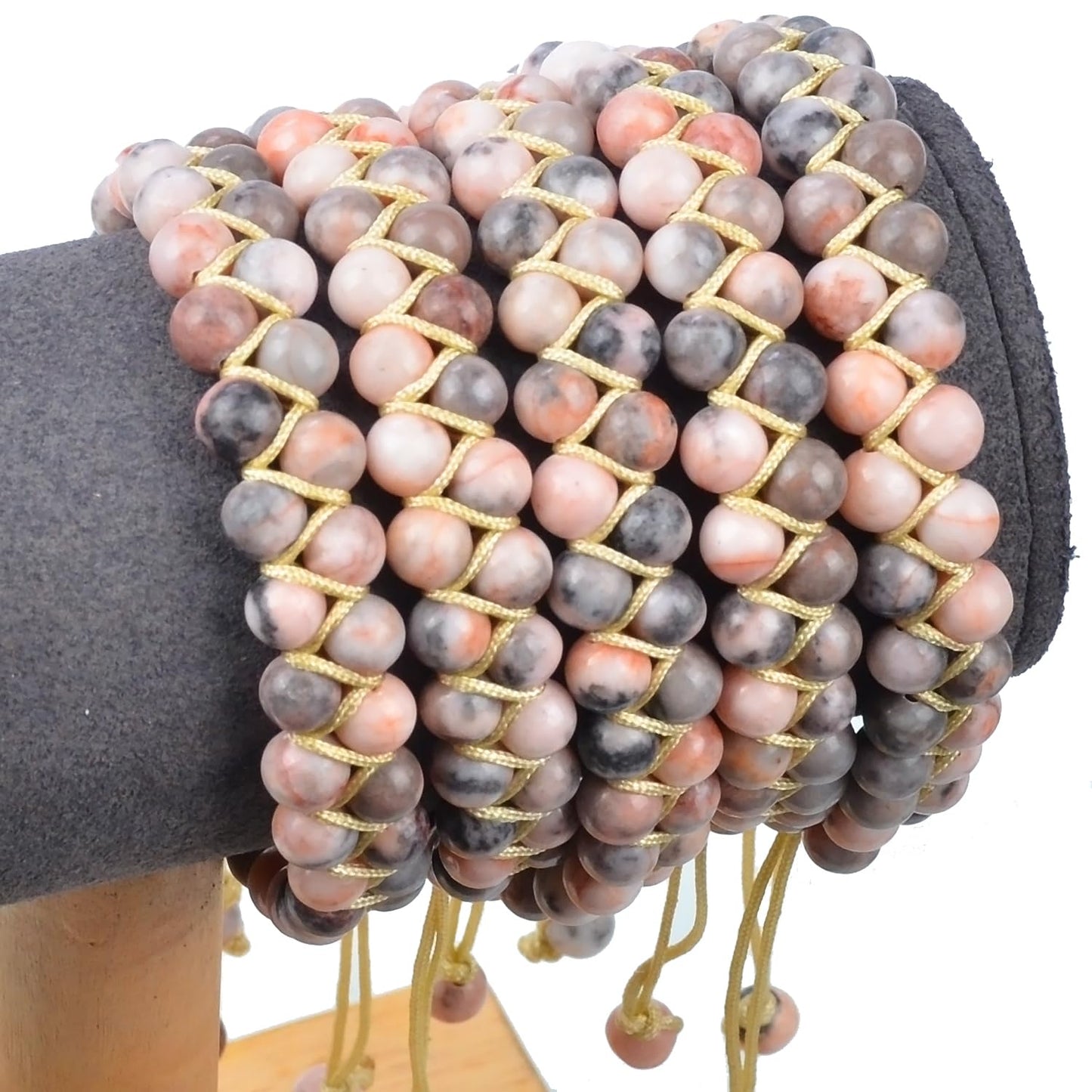 MASSIVE BEADS Double Layer Natural Chakra Healing Power Crystals Macrame Bracelet Yoga Stone Beads Gemstone Meditation Relax Anxiety Bangle for Unisex Women Men (Pink Zebra Jasper, 4mm)