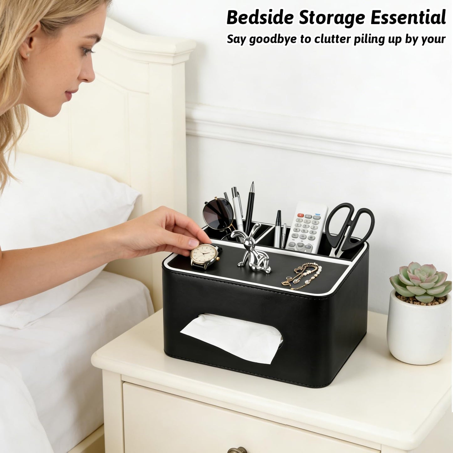 PU Leather Tissue Box Cover Square - Multifunctional Tissue Box Holder with Storage, Tissue and Remote Control Holder Organizer with Compartments for Bedroom Nightstand, Desk, Living Room (Black)