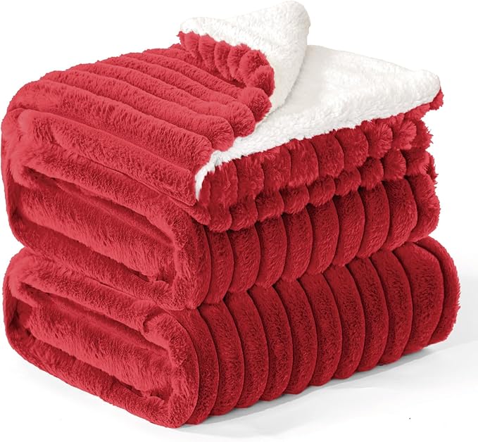 INFIIXSO Sherpa Fleece Queen Size Blanket - Super Soft & Warm Striped Fleece, Cozy Plush Fluffy Large Bed Blanket All Season Use (Red, 90x90 Inches)