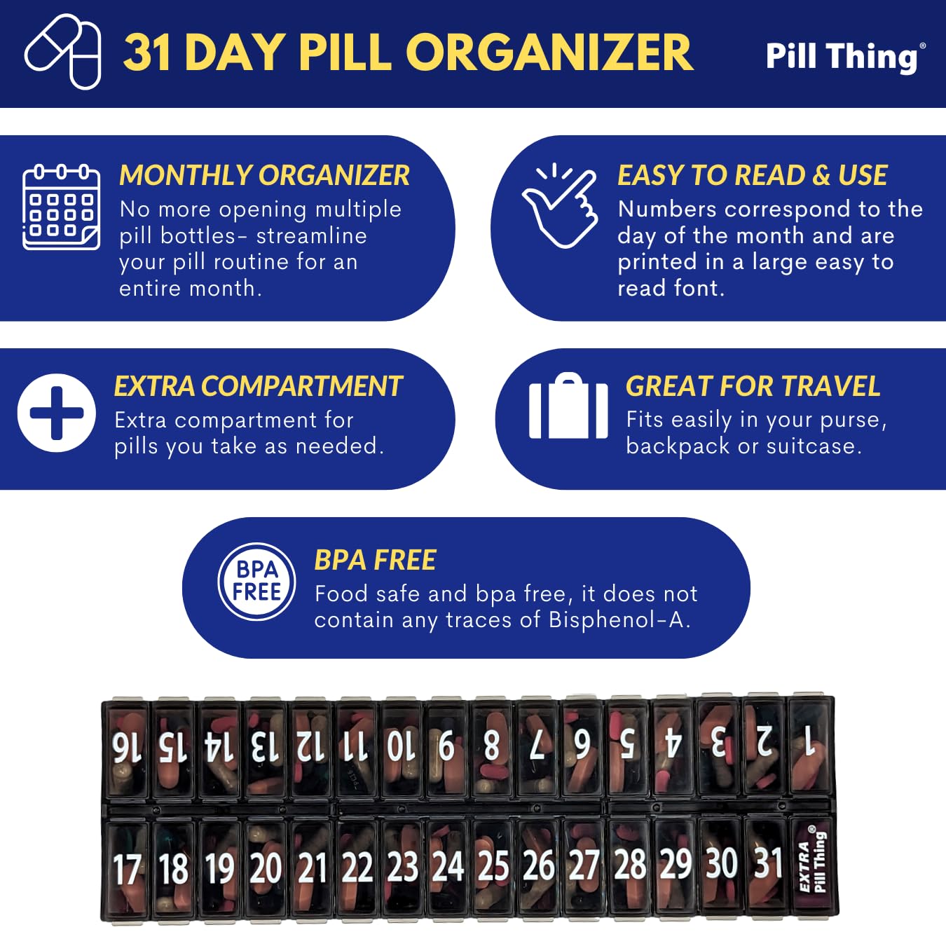 AM PM 31 Day Once-a Day Monthly Pill Planner Organizers - Large Compartment Pill Boxes Store Medications for Entire Month Plus Compartment for Extra Pills (AM/PM) (Am/Pm Black & Black)