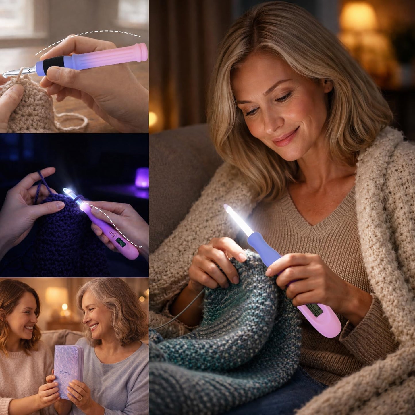 Yarniss 22 in 1 Lighted Counting Crochet Hook Set with Spiral Handle 2.0~14.0mm,Rechargeable Light Up Crochet Hook with Stitch Counter & Case,Gradiant Purple