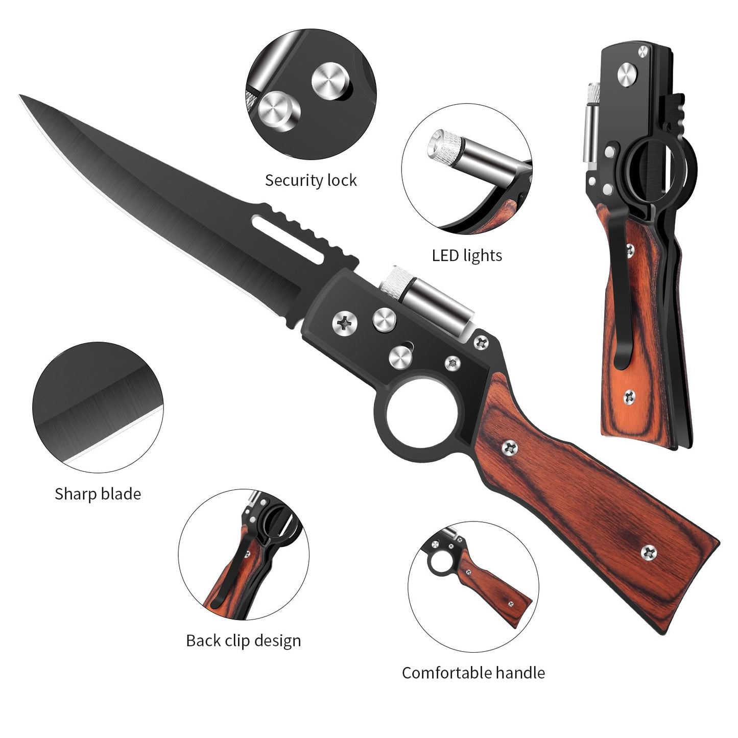 Uninuou AK47 Style Tactical Folding Pocket Knife （Black）– EDC Gift for Men with LED Light, Wood Handle & Pocket Clip, Laser Engraving Ready, Outdoor Camping Hiking Gear (1)