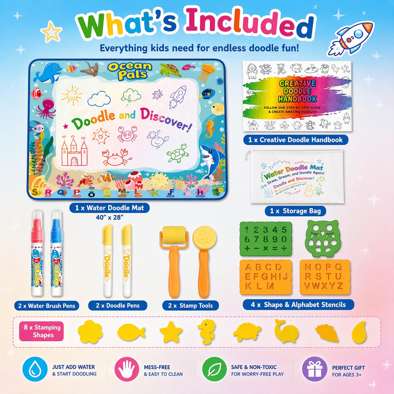 ANIMOLDS Water Doodle Mat for Kids, Large 40 x 32 Aqua Magic Reusable Drawing Mat, Mess Free Coloring & Writing Toy, Educational Gift for Toddlers Boys Girls