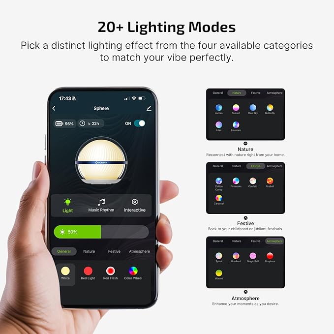 OLIGHT Sphere Smart Night Light, 75 lumens Stepless Dimming Table Lamp with Remotely APP Control, Magnetic Rechargeable RGB Ambient Lighting for Sleeping, Reading, and Relaxation