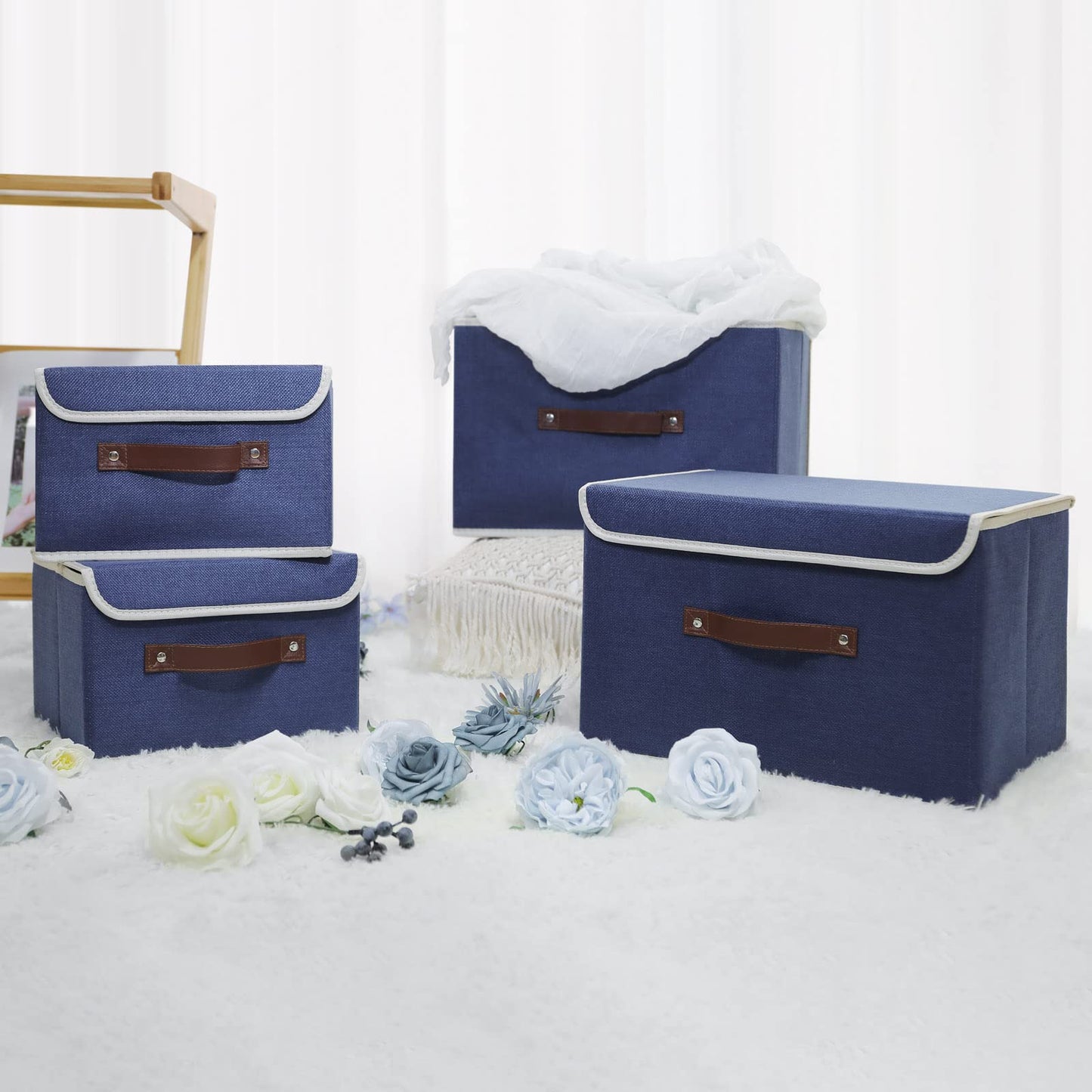 ANMINY Storage Bin with Lid Storage Boxes with PU Leather Handles PP Plastic Board Decorative Foldable Lidded Cotton Linen Fabric Home Cubes Baskets Closet Organizer Container - Blue, Small Size