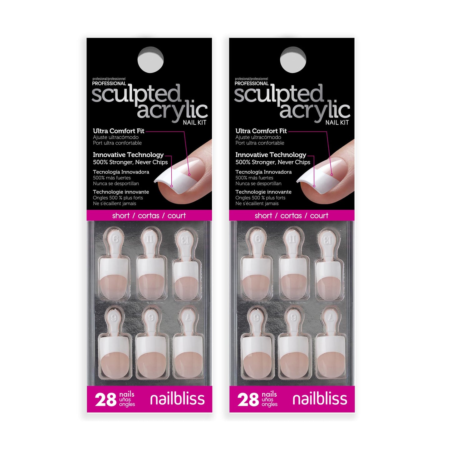 Dashing Diva Sculpted Acrylic French Tip Manicure Bundle - Classic Nude, Short Square - Salon Quality, Easy to Apply, Long-Lasting Press-On Nails - Contains 2 Sets of 28 Glue On Nails