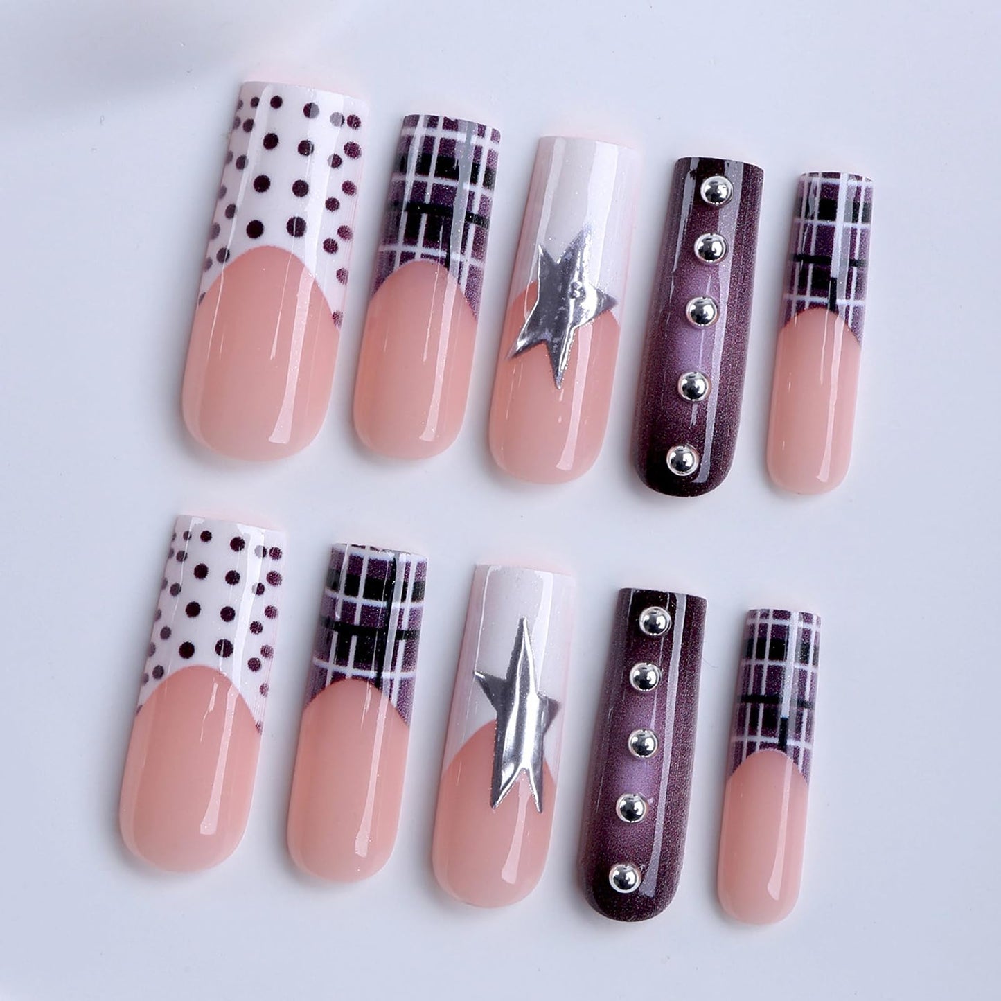 MISUD Press on Nails - Long Square Fake Nails with Goth Purple Ombre, Acrylic Y2K Star Charms Design 24 pcs