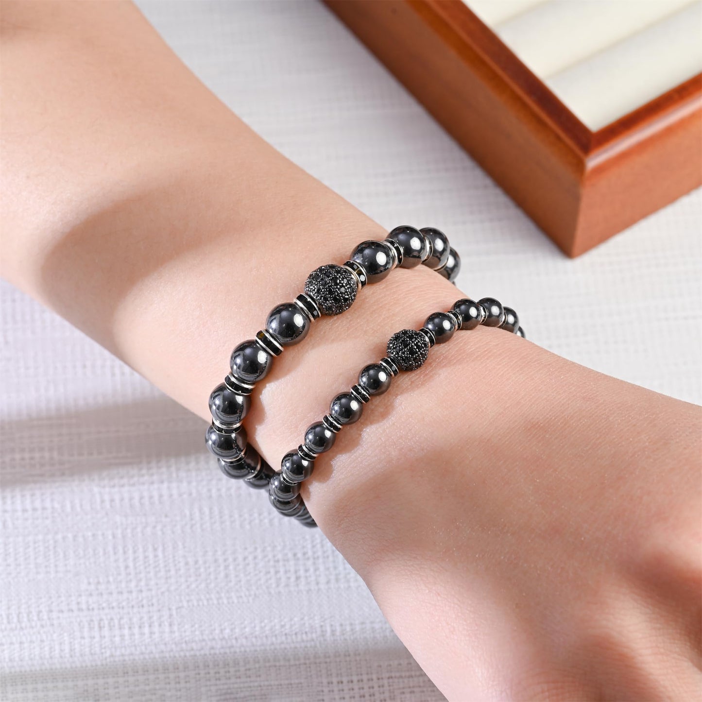Apocalyptic-K Women's Magnetic Bracelet，Hematite Bracelets，Magnetic Bracelets With Zirconia,Handmade Stretch Bracelet，Eliminates static electricity. (6MM Black&8MM Zirconia)
