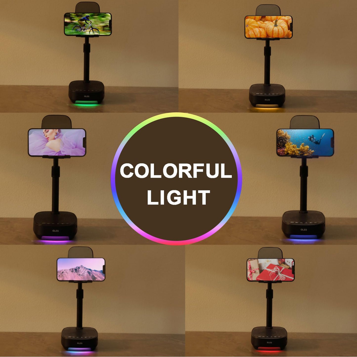 OLES Gifts for Men Women, Adjustable Cell Phone Stand with Wireless Bluetooth Speaker(7-11''Height), Unique Birthday Gifts for Dad Mom Him, Phone Holder Led Color Light for iPhone/Android/Tablets