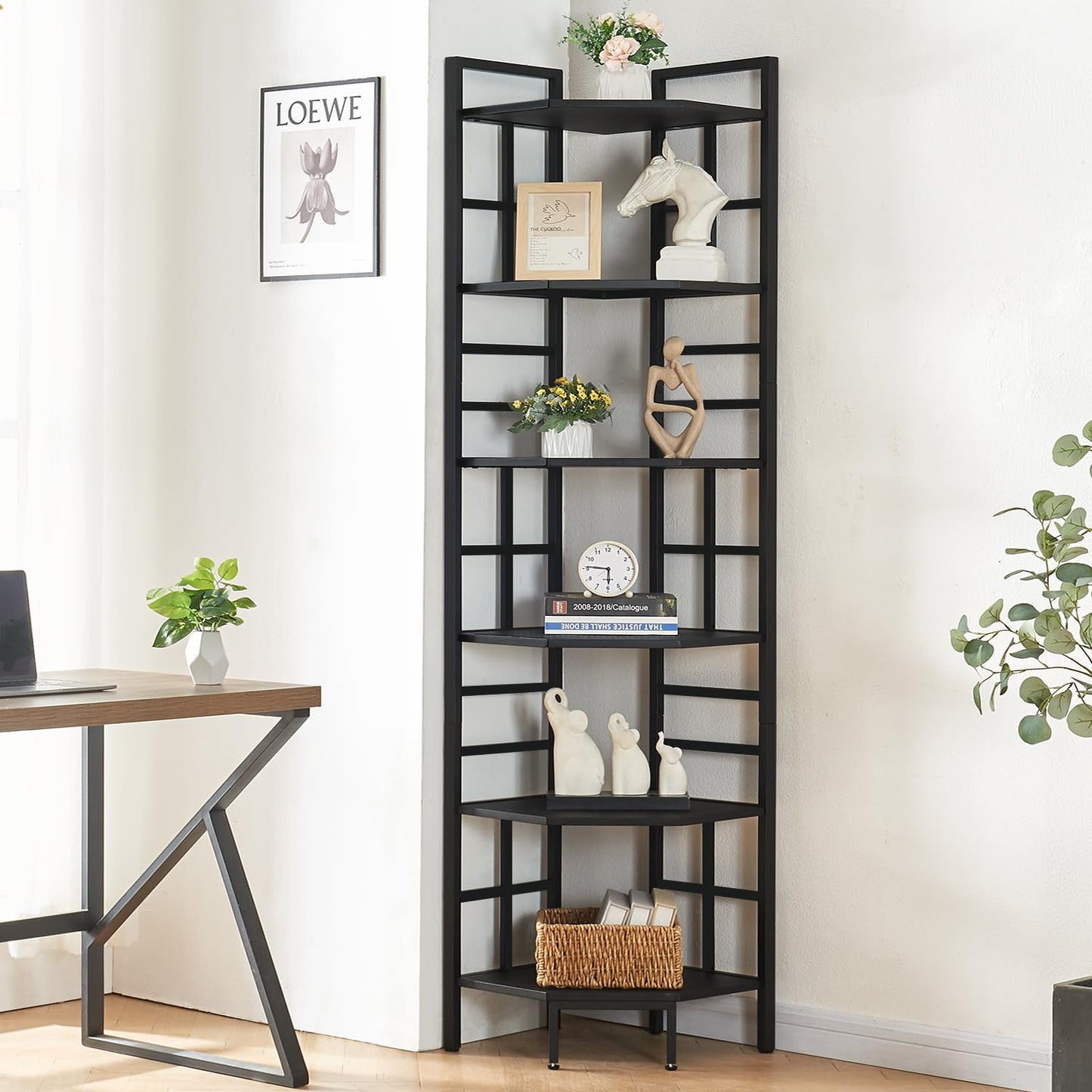 HOMISSUE Corner Shelf, 6 Tier Tall Narrow Bookshelf 76.9", Industrial Corner Bookcase with Storage for Home Office Living Room and Bedroom, Black