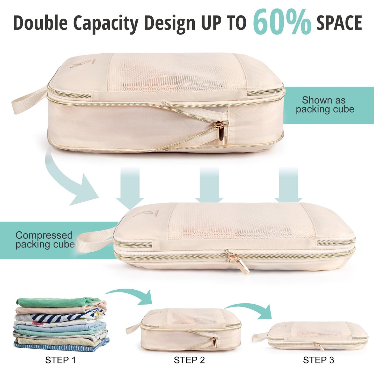 8 Set Compression Packing Cubes for Travel, Bunnychill Portable Zipper Packing Cube for Cloting, Expandable Space Saver Storage Luggage Organizer Bags for Suitcases(Beige)