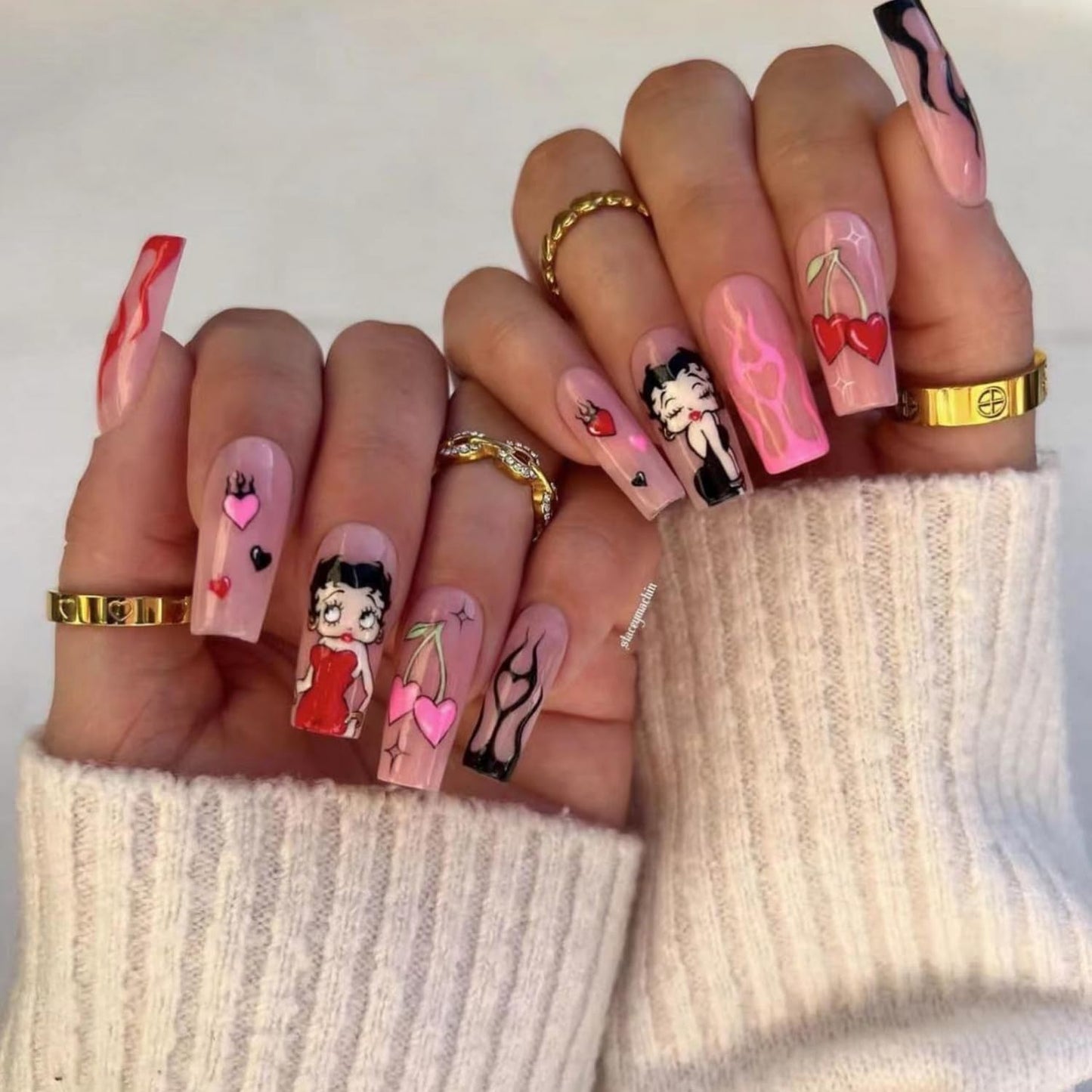 Halloween Press-On Nails Long with Cherry Flame Heart Designs - Nude Acrylic False Nails - 24pcs