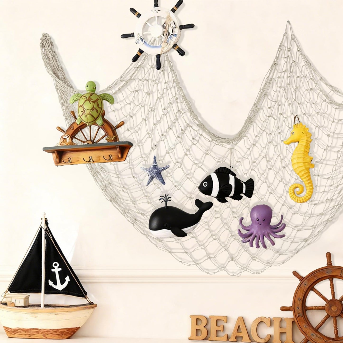 Patioland Decorative Fishing Net 2 Pack, 5x10 ft Large Beige Fish Net Decor for Wall, Photo Display, Nautical Mermaid Pirate Ocean Themed Beach Hawaii Under the Sea Party Decorations