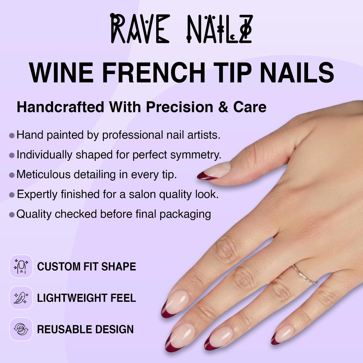 Rave Nailz Wine French Tip Press On Nails (30 Count) - Short Oval Glossy Press On Nails with Subtle Elegance - Chip-Resistant Fake Nails with Glue, Includes File, Long-Lasting 2+ Weeks