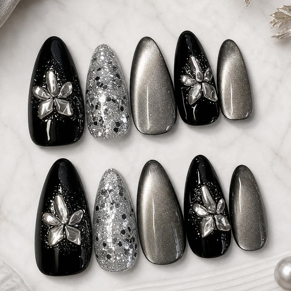 2IM Studio Handmade Press On Nails, Elegant Nude 3D Floral French Tip with Pearl Rhinestones, Almond Medium Length Full Cover Thick Reusable Acrylic Nail Kit for Women 10PCS (Inky Bloom-M)