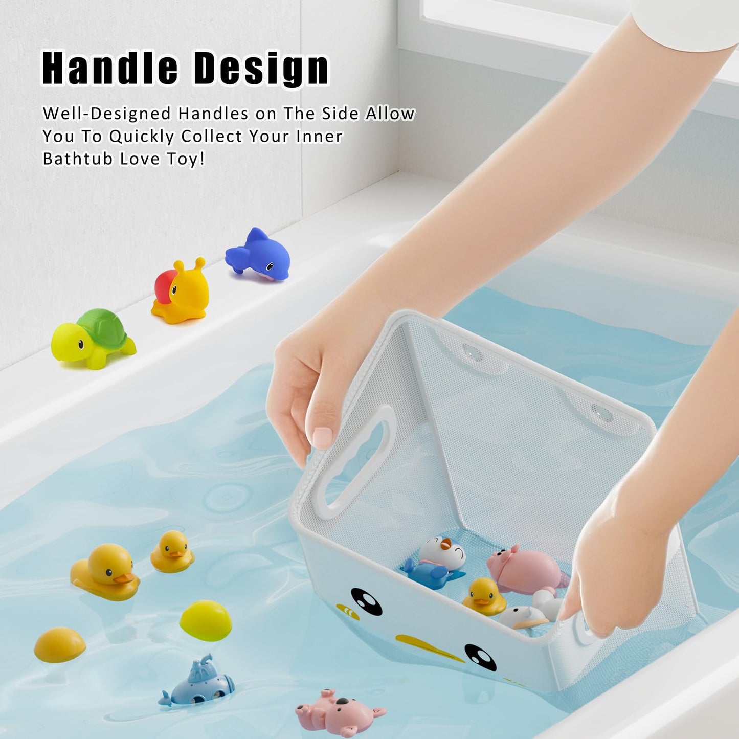 Ligereza Quick Fetch Way Bath Toy Storage, Cute Mesh Bath Toy Organizer, Large Capacity and Large Opening Baby Bathtub Toy Holder for Tub, Multipurpose Mesh Shower Bag (White)