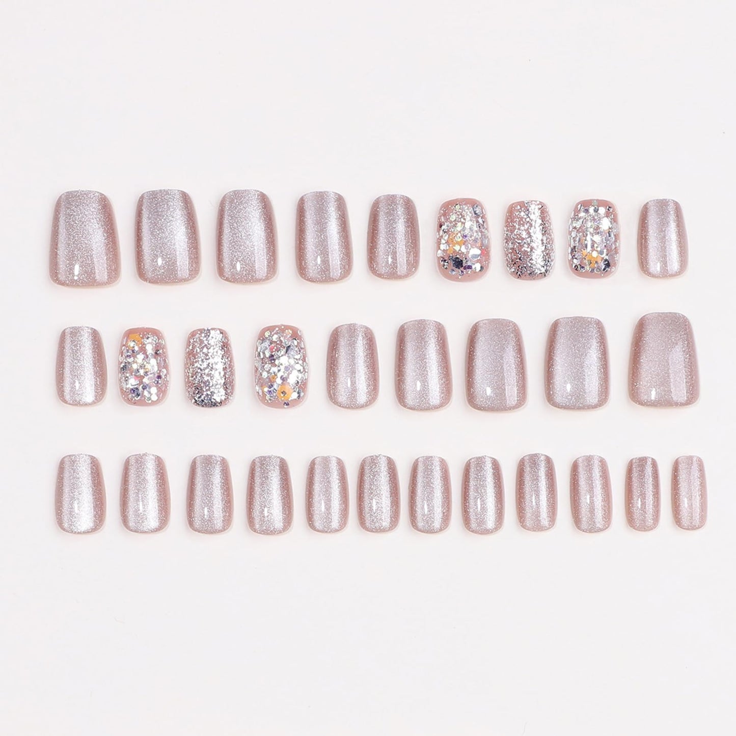 WAFOLOZE Press On Nails Short Square Fake Nails With Glue, Ice Crystal Stone Cat's Eye Nail Press Ons With Exploding Sparkles Design, Artificial False Nails Stick On Nails for Women-30Pcs