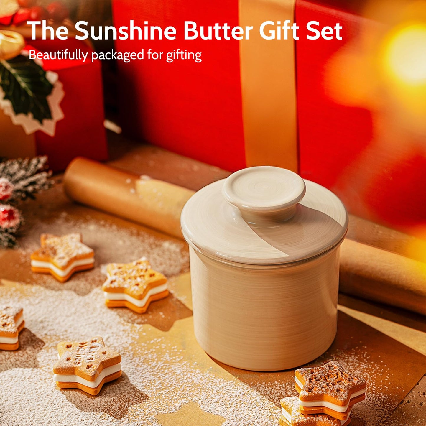 Sweese Hand-Painted Butter Crock with Water – French Butter Keeper Crock with Lid for Countertop, Artistic Design, Dishwasher & Microwave Safe, Gift-Ready-Light Grey