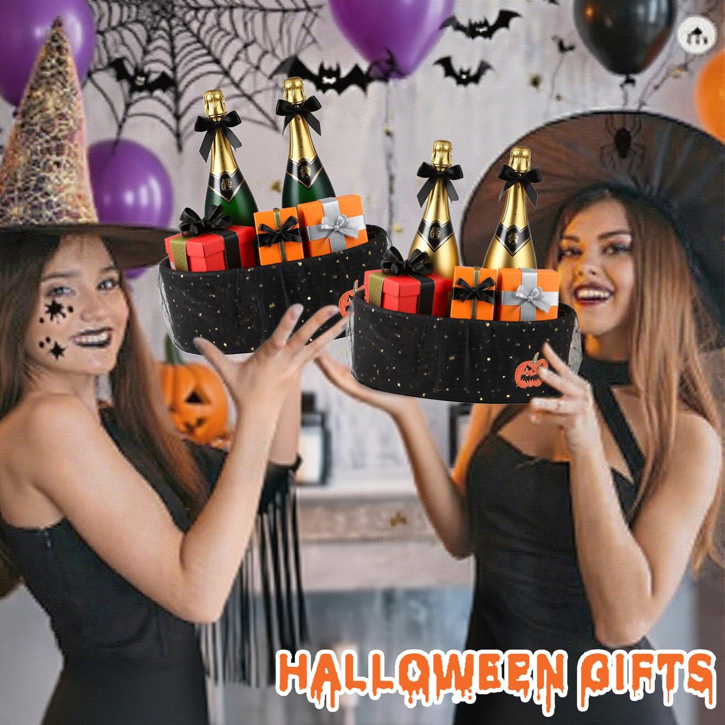 Halloween Basket Gift Baskets Empty with Decor Ribbons, Woven Rope Pumpkin Candy Baskets with Festive Tulle Bag Set for Halloween Party Supplies Favors, Toy Storage Basket for Baby and Pet 14.2" L x 9.8" W x 5.1" H