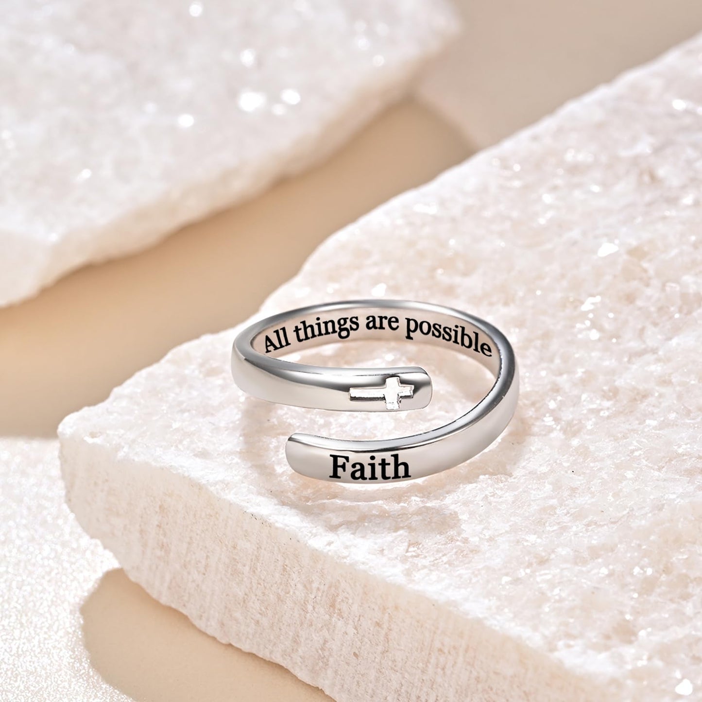 925 Sterling Silver Inspirational Jewelry Adjustable Wrap Open Ring Encouragement Gift for Women(Faith All things are possible)