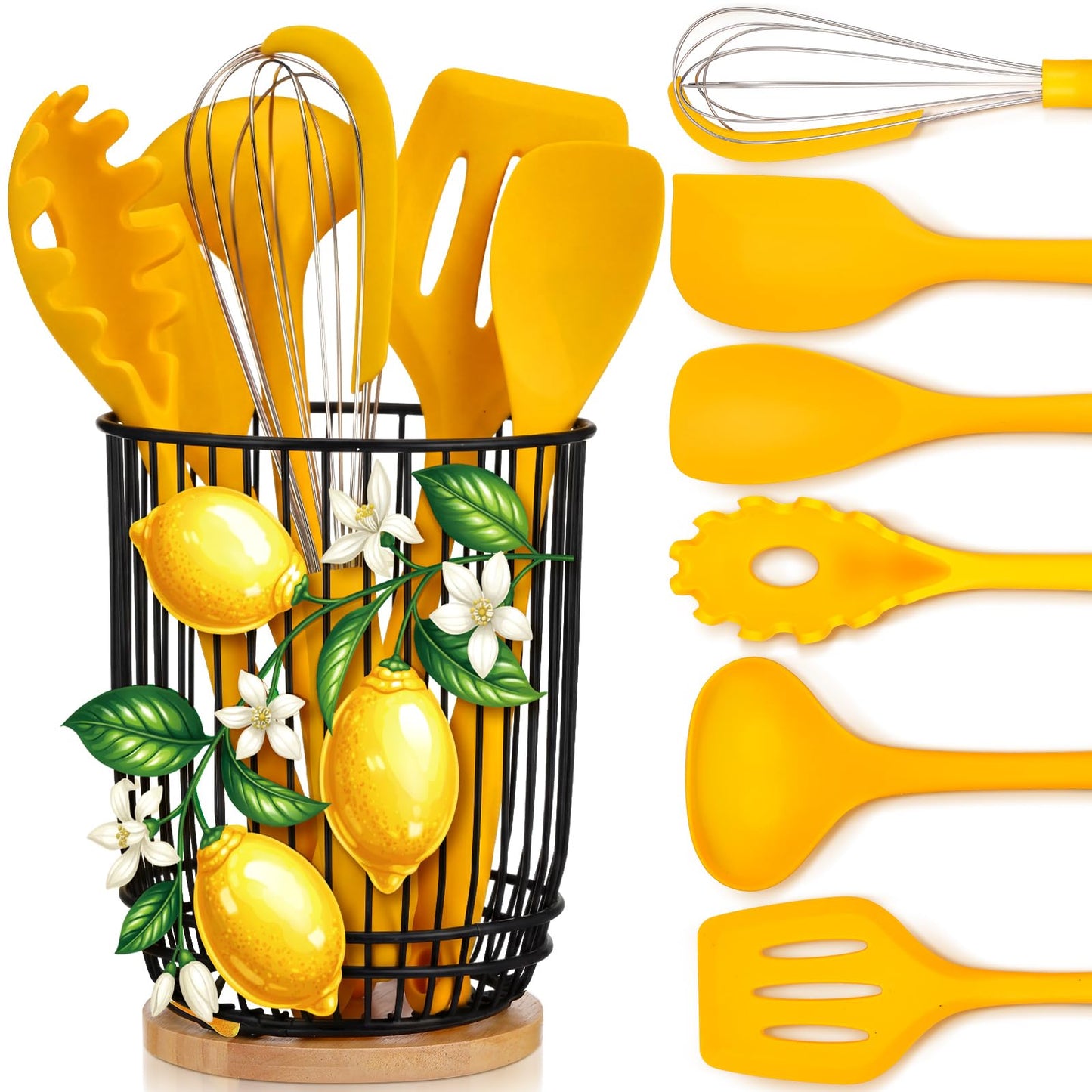 Ferrochef 7 Pcs Lemon Kitchen Decor and Accessories Silicone Cooking Utensils Set with Crock Organizer Heat Resistant Tools Set Slotted Turner Pasta Spoon Soup Ladle Whisk Spatula Salad Server