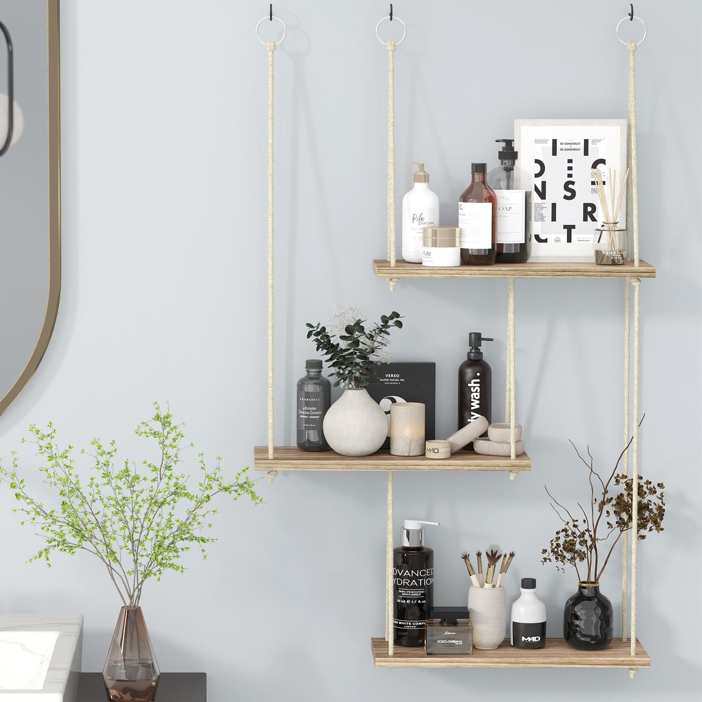 Fixwal Hanging Plant Shelves for Wall, 3 Tier Boho Wall Decor Plant Rack Floating Shelves Rope Rustic Wood Organizer Storage Hanger for Aesthetic Home Bedroom Kitchen Bathroom- Rustic Brown