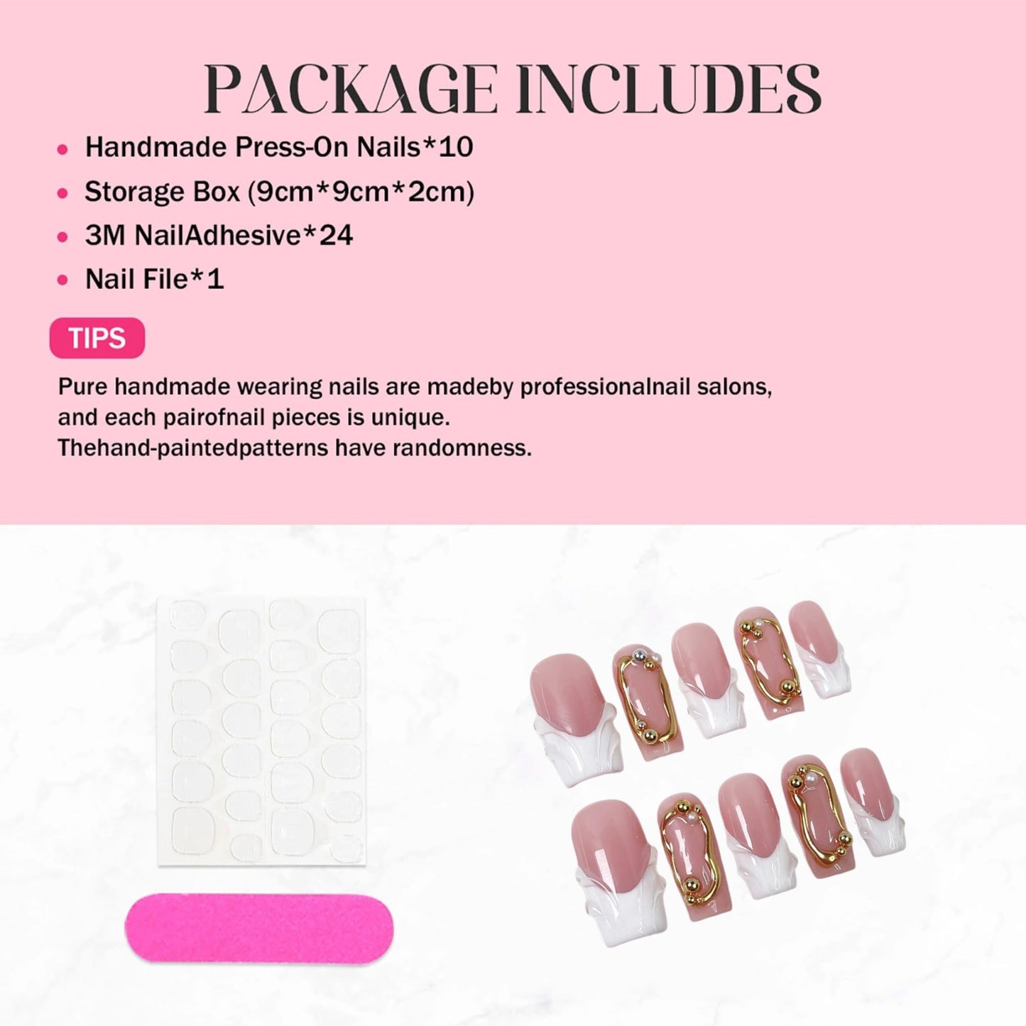 Handmade Press on Nails Medium Square Fake Nails White French Tip Nails Press Ons with 3D Swirl Design Reusable False Nails Luxury Full Cover Stick on Nail for Women Manicure 10Pcs (Size M)