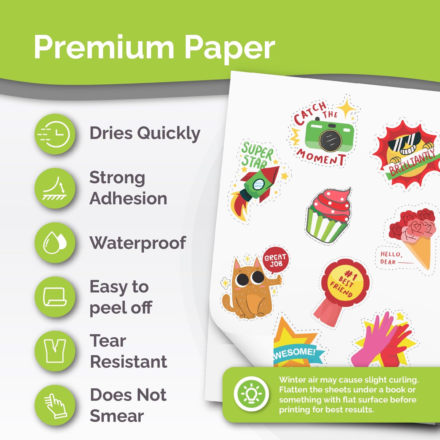 Premium Printable Vinyl Sticker Paper for Inkjet Printer - 34 Sheets Self-Adhesive Sheets Matte White Waterproof, Dries Quickly Vivid Colors, Holds Ink Well - Tear Resistant