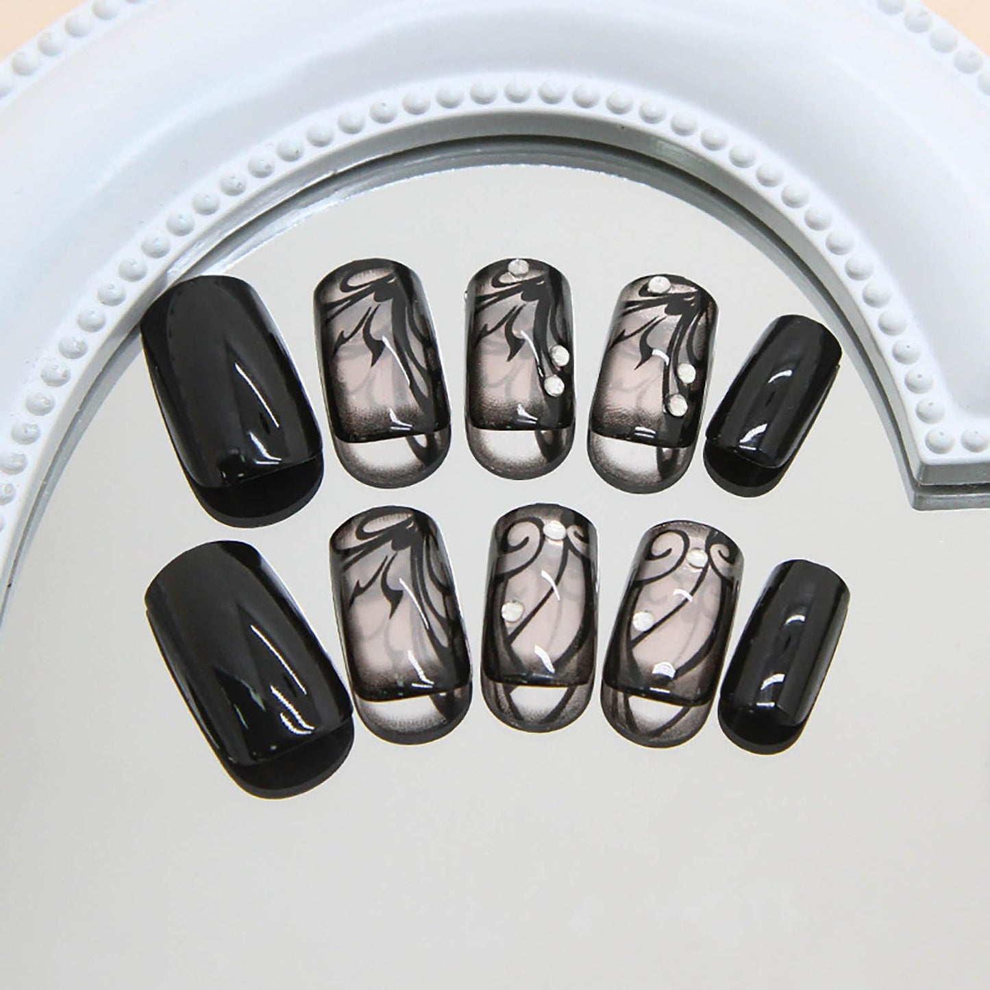 Rilafuvu Press on Nails Short Square Acrylic Fake Nails Black Glue on Nail with Design Full Cover False Nails Glossy Nails Press ons Short Stick on Nail for Women