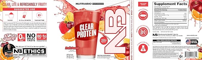 NutraBio Clear Whey Isolate Protein Powder, Delicious & Refreshing Fruit Flavors, Protein Juice, No Milky Taste, No Foam, Zero Sugar, Fruit Punch, 20 Servings