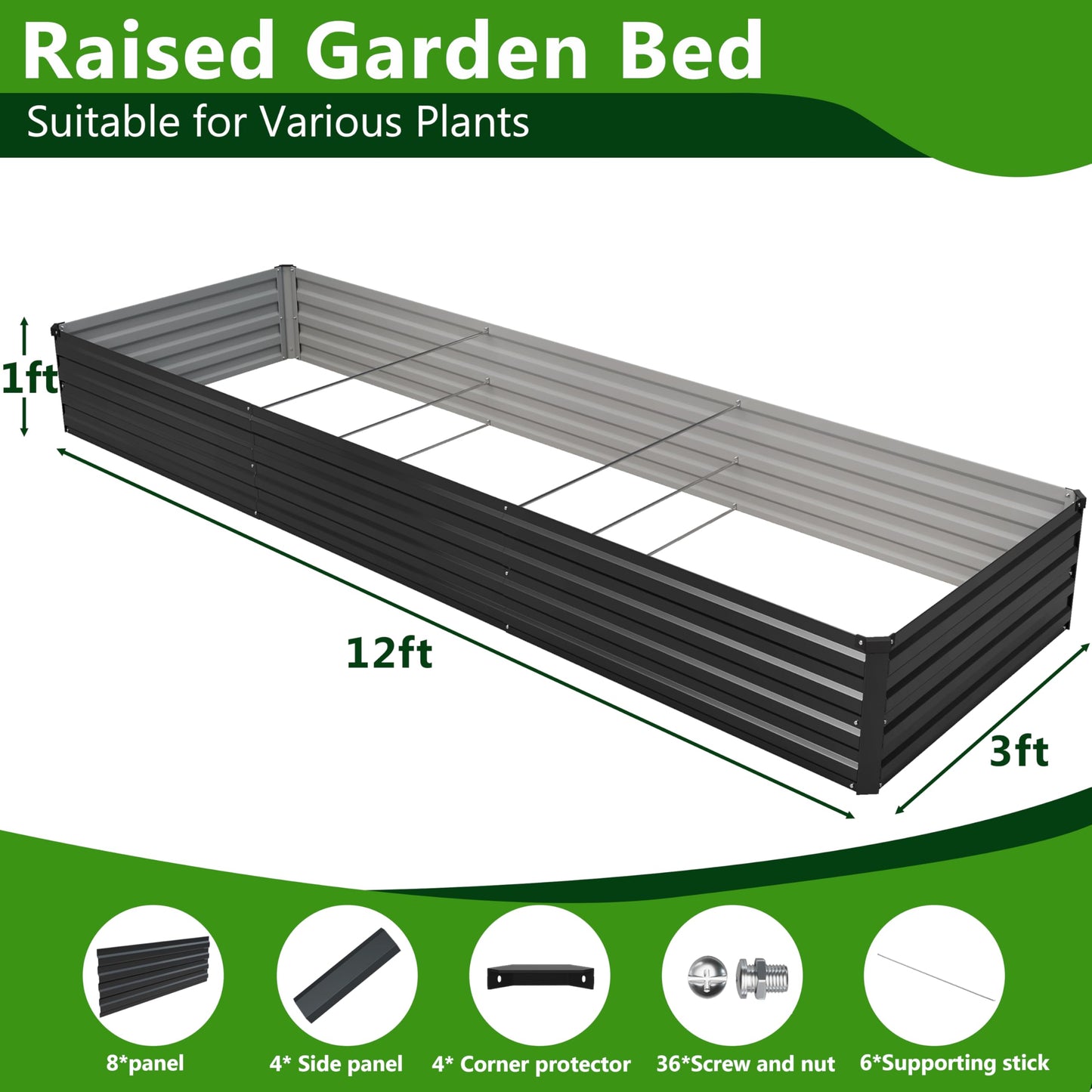 Easllre 2PCS 12x3x1ft Galvanized Raised Garden Bed,Outdoor Planter Box Metal Patio Kit Planting Bed for Vegetables Flowers Herb,Black