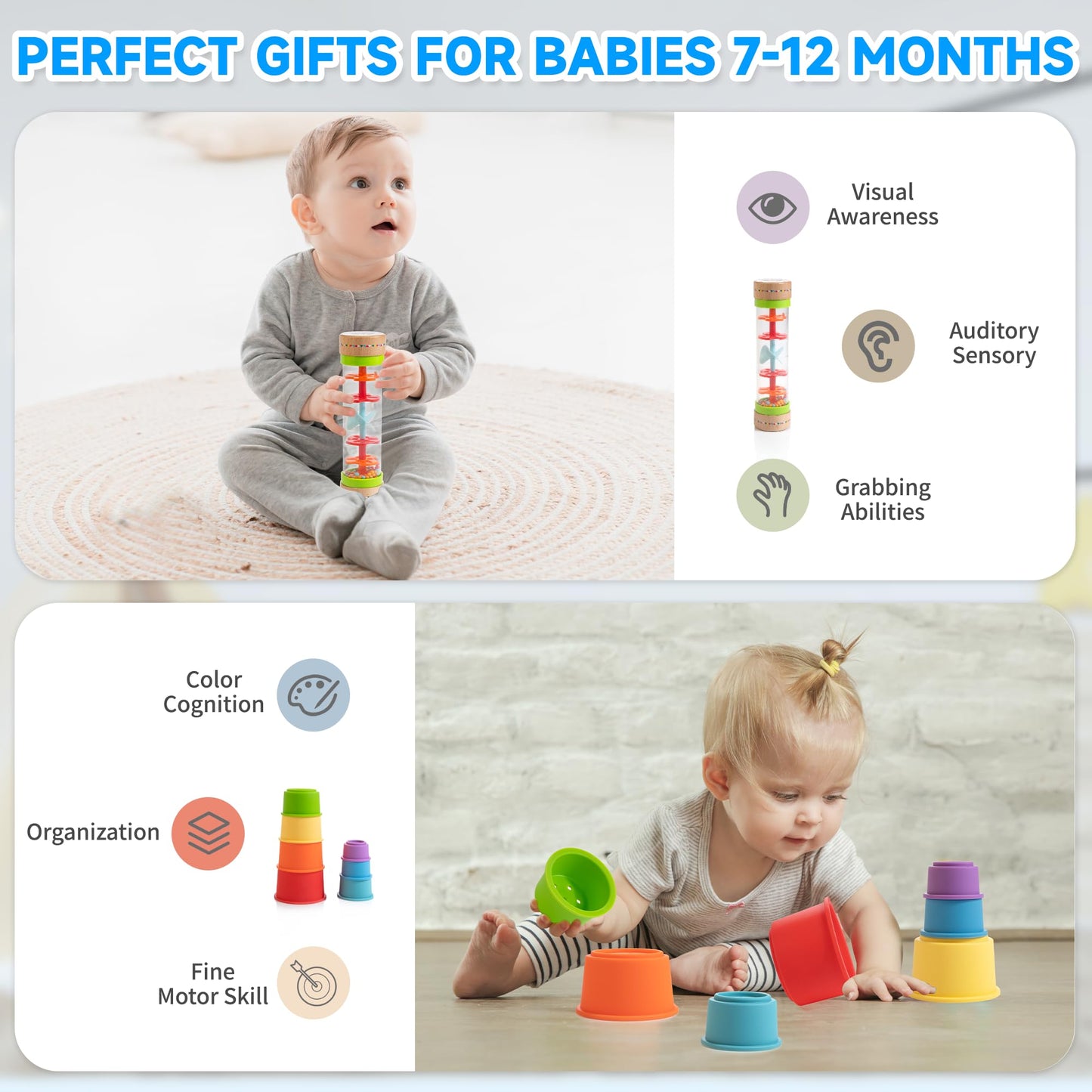 WOODMAM Montessori Toys for Babies 7-12 Months, 9 in 1 Educational Wooden Toys Set, Includes Object Permanent Box, Stacking Cups, Mirror Puzzle, Ring Stacker and More