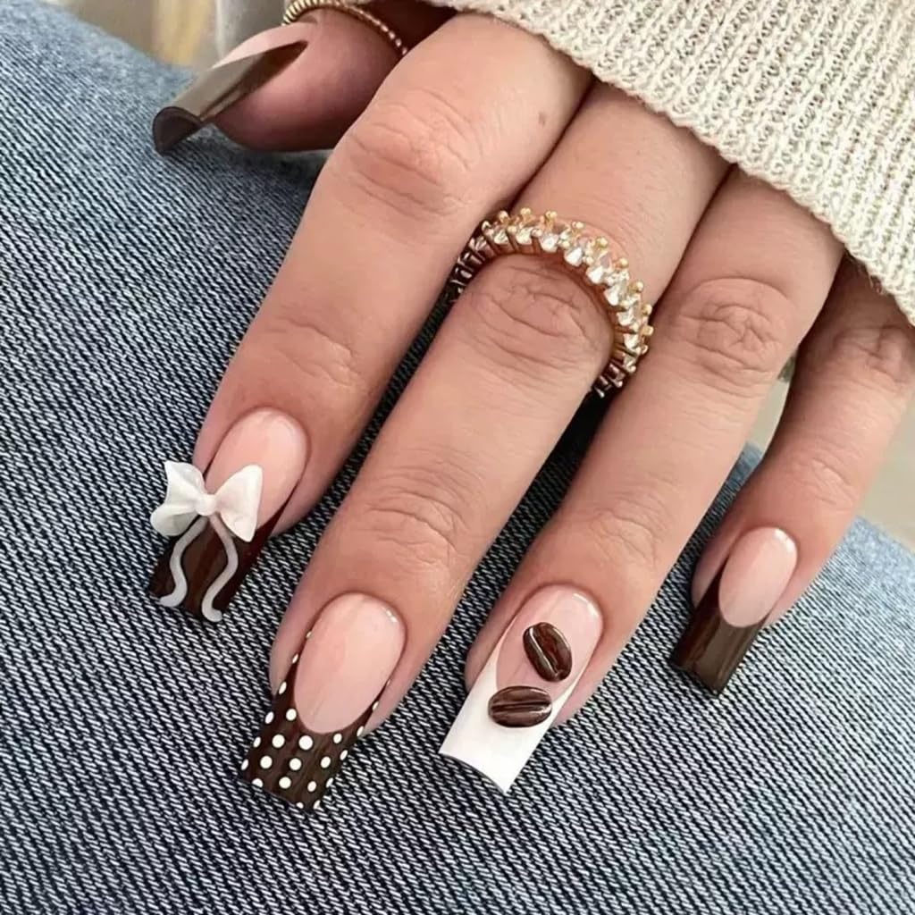 French Tip Press on Nails Medium - Square Fake Nails with Bow Design - Polka Dot, Brown False Nails Press ons - for Women 24 Pcs