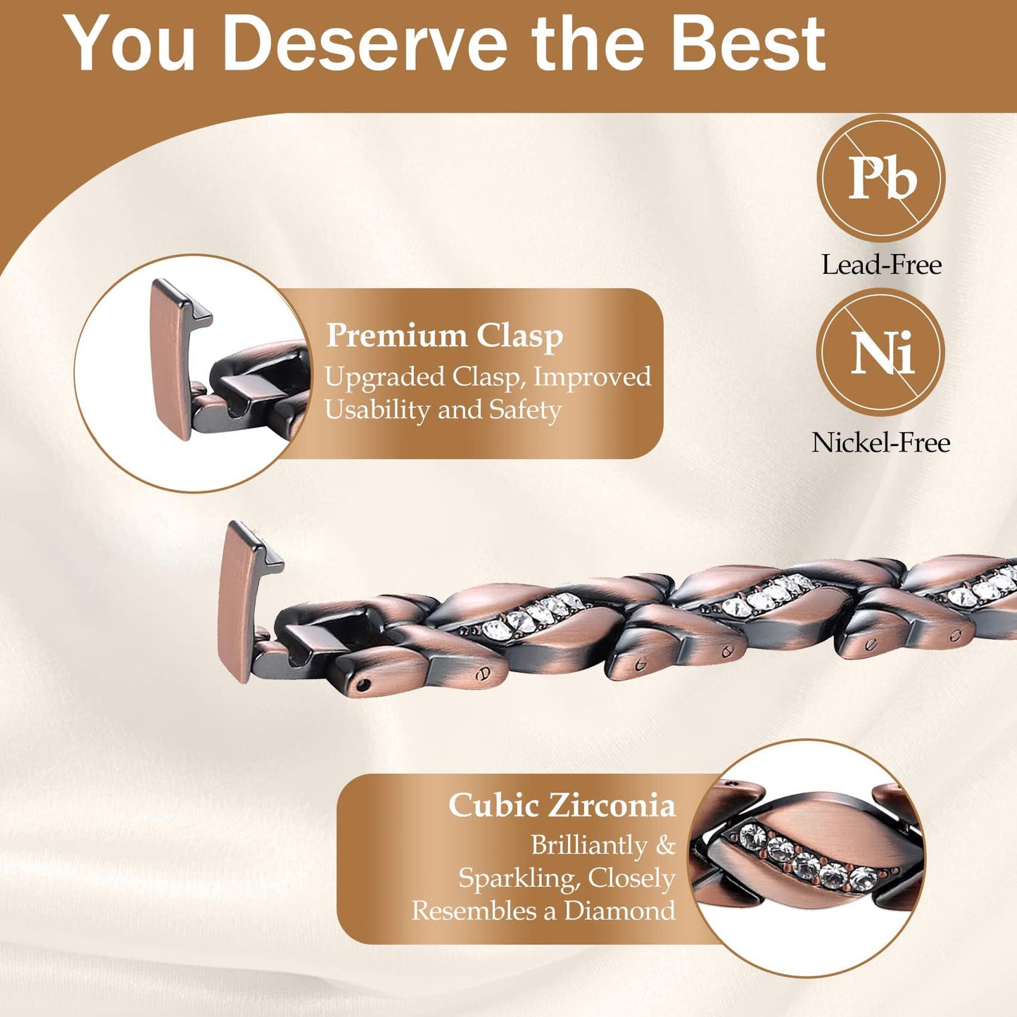 Copper Bracelet for Women, 99.99% Pure Copper Megneetic Bangle Arthritis, Effective Neodymium Lympunclog, Titanium Steel Heart Crystal Bracelets, Pulsera de Cobre para Mujer