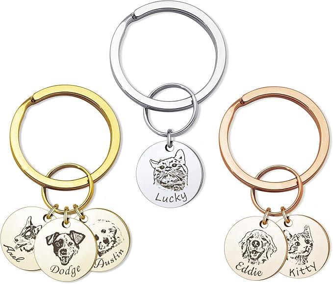 Anavia Personalized Pet Portrait Keychain, Customized Pet Photo Handmade Engraved Cat Dog Memorial Keepsake Sympathy Gifts (Silver - 3 Disc)