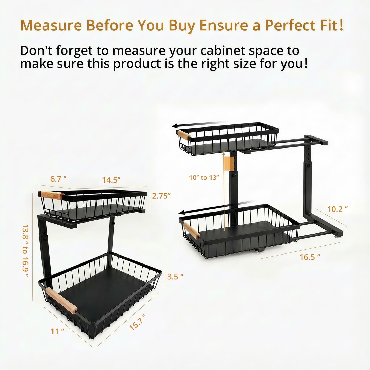 whalenoble Under Sink Organizer 2 Pack, 2 Tier Pull Out Cabinet Organizers and Storage for Kitchen Bathroom Pantry Laundry, Adjustable Height, Slide Out Thickened Metal Storage Shelf (Black, 2 Pack)