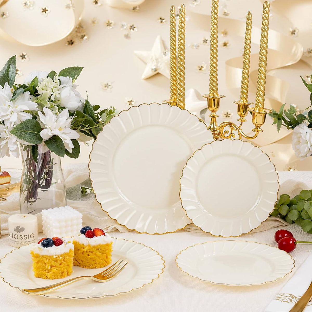 YOUBET 175PCS Ivory Scalloped Plastic Plates - Gold Disposable Dinnerware Set Include 50 Plates, 75 Gold Silverware, 25 Cups, 25 Napkins for Party & Wedding & Thanksgiving