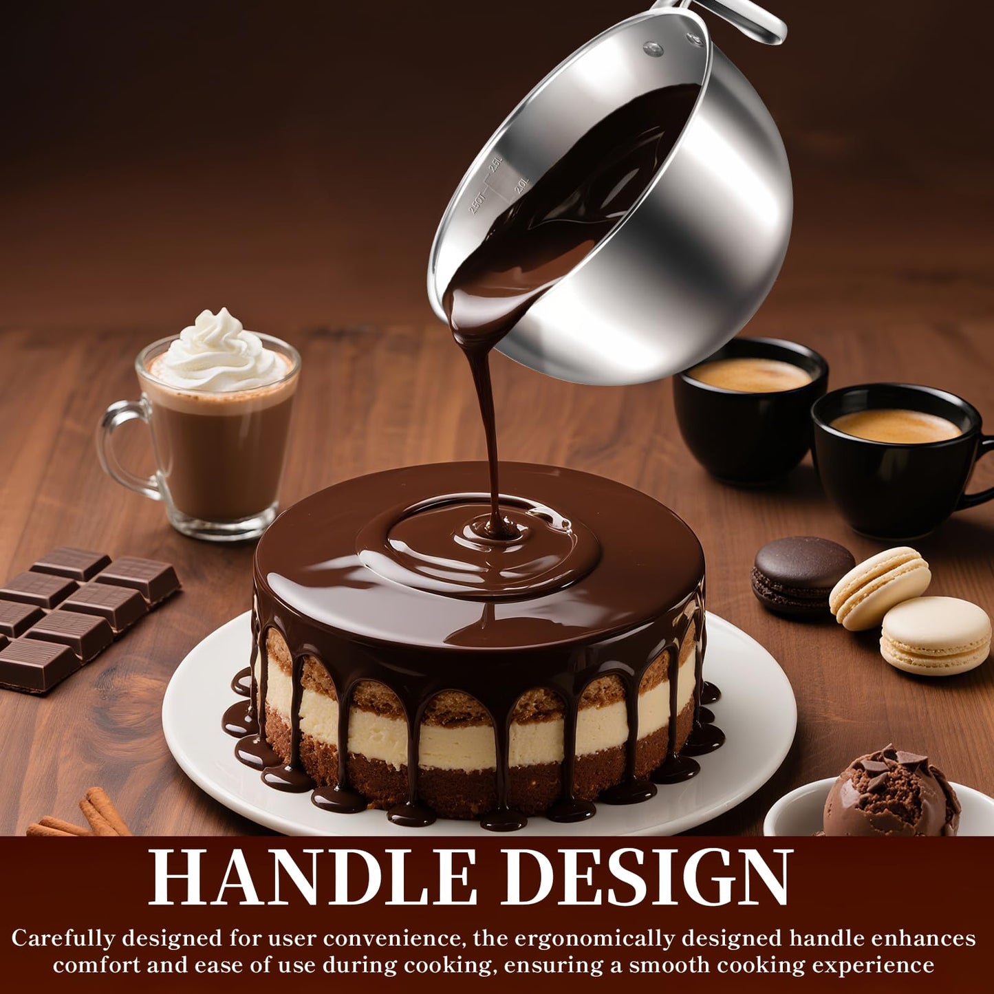 BOHUIZ 304 Stainless Steel Double Boiler with Spatula and Spoon, 4.2QT Dual-Handle Pot 2.6QT Melting Bowl with Scale and Handle Stackable Water Bath Melting Pot Set for Chocolate, Butter, Sugar, Wax