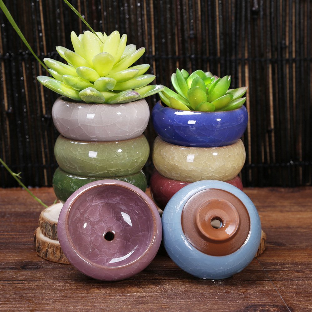 Lawei 12 Pack Ice Crack Succulent Pots with Bamboo Saucer - Ceramic Mini Cactus Plant Pots Flower Pots Container Planter for Home Garden Office Decoration