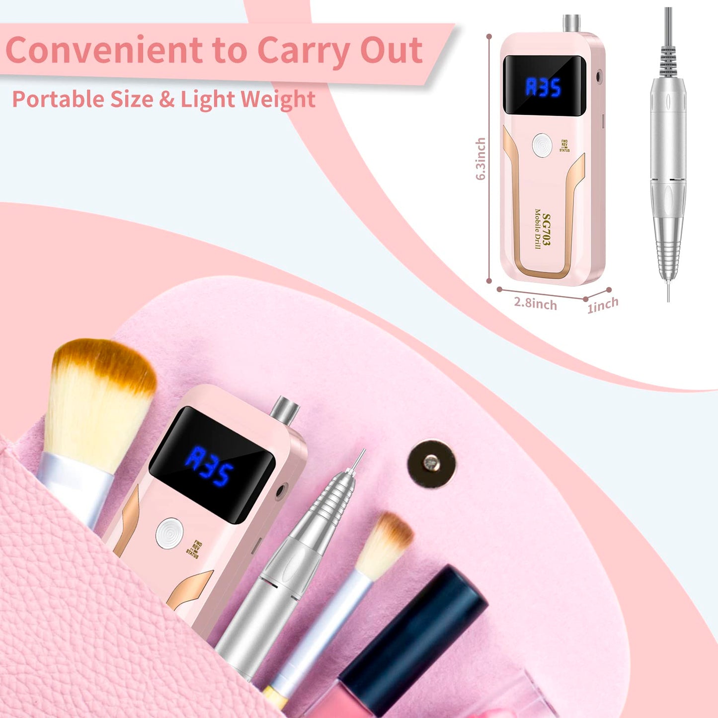 MOCOWIND Portable Nail Drill Professional 35000 RPM, Rechargeable Electric Nail File Machine Cordless E-File for Acrylic Gel Polishing Removing with Bits Kit for Manicure Salon Home, Pink